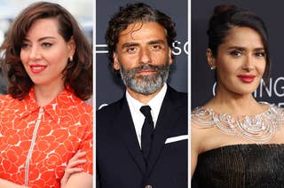 Aubrey Plaza in a floral dress, Oscar Isaac in a dark suit and tie, and Salma Hayek in a black strapless dress with a statement necklace at a red carpet event