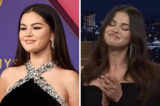 Selena Gomez on a red carpet wearing a glamorous, crystal-studded dress (left) and on a talk show in an elegant off-shoulder outfit (right)