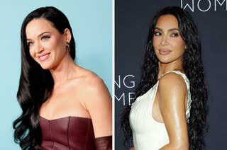 Katy Perry in a strapless leather dress and Kim Kardashian in a sleeveless gown attend separate events