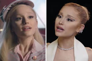 Ariana Grande is on the left wearing a vintage-inspired outfit with a hat, and on the right, she's in an elegant outfit with a jeweled eyeliner look