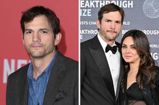 Ashton Kutcher at a Netflix event in a casual outfit (left). Ashton Kutcher and Mila Kunis at the Breakthrough Prize event, both in formal attire (right)