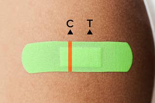 A bright green bandaid on a shoulder. There is a single orange line on the bandaid as if the bandaid is a Covid-19 test. There is a C for control and a T for test. The single line means that the test is negative.