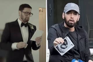 Left: Man in a tuxedo with glasses reading. Right: Man in a cap holding ultrasound images