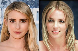 Emma Roberts and Britney Spears pose in separate portraits. Emma has wavy hair, while Britney has straight hair