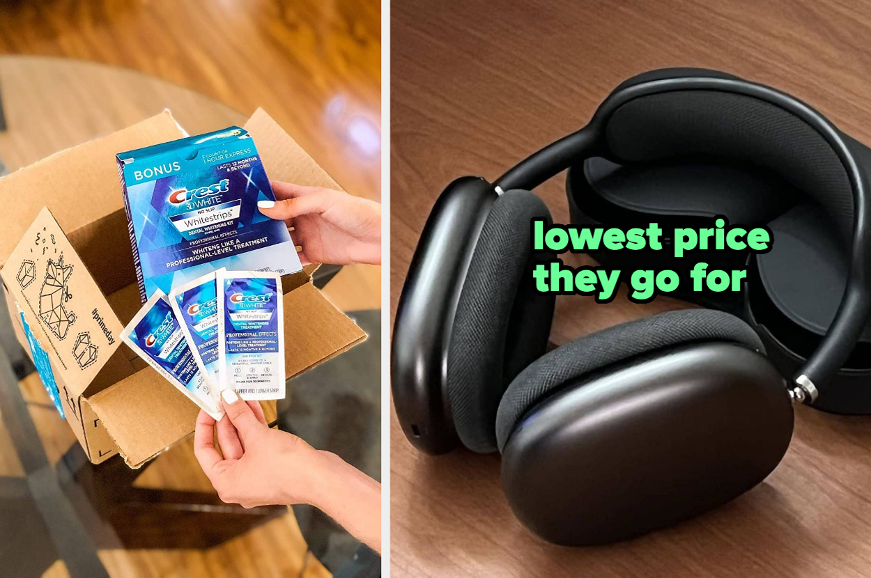 Box of Crest Whitestrips held by hands; black headphones with text 