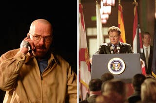 Bryan Cranston as Walter White talks on the phone, and Martin Sheen as President Bartlet gives a speech at a podium with the presidential seal