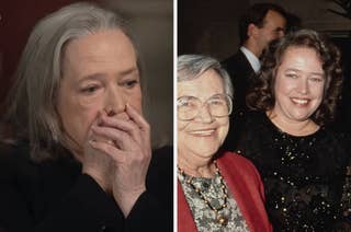 Two images of Kathy Bates: on the left, she appears thoughtful, hands over mouth; on the right, she poses smiling with an elderly woman