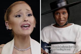 Ariana Grande wears stylish jewelry, singing expressively. Cynthia Erivo in a chic hat and dress with a caption: 