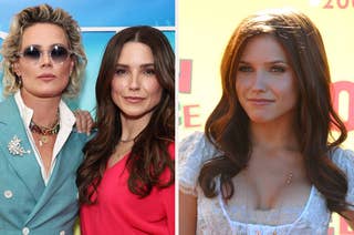 Ashlyn Harris in a blue suit with round sunglasses stands beside Sophia Bush in a red dress. On the right, Sophia Bush in a white blouse at a different event