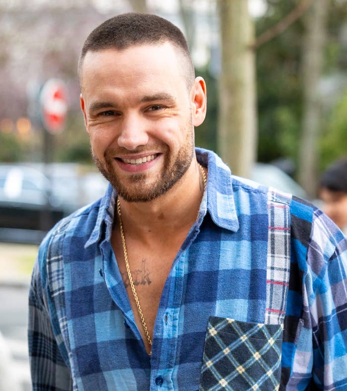 Liam Payne smiling outdoors in a plaid shirt