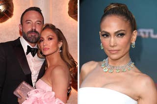 Ben Affleck and Jennifer Lopez pose together on the left; Jennifer Lopez poses solo on the right in an elegant, strapless gown and statement jewelry