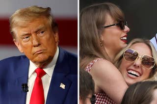 Donald Trump wearing a suit and red tie on the left. Taylor Swift hugging Blake Lively, both smiling, on the right