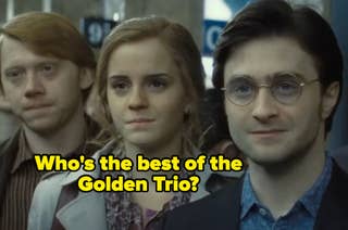 Rupert Grint, Emma Watson, and Daniel Radcliffe in a scene from Harry Potter with text overlay: 