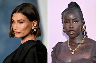 Hailey Bieber and Golloria pose in stylish outfits; Hailey in a black formal dress with jeweled earrings, Golloria in a dress with a gold necklace