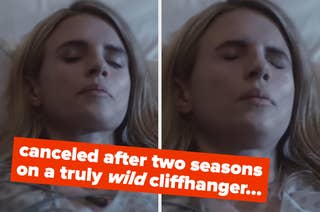 Image shows a close-up of Brit Marling lying down with her eyes closed, accompanied by text: “canceled after two seasons on a truly wild cliffhanger...”