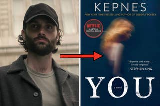 Penn Badgley wearing a hat and jacket, next to a cover of the book 