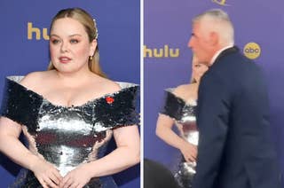 Nicola Coughlan at a celebrity event in an off-shoulder sequined dress, with an unidentified man in a suit in the foreground