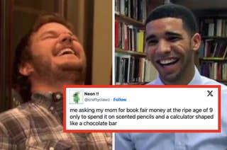 Chris Pratt and Drake laughing side by side with a tweet by Rishika in the center saying, 