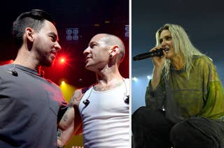 Image of Mike Shinoda and Chester Bennington on stage, on the left. Ellie Goulding singing and kneeling on stage, on the right