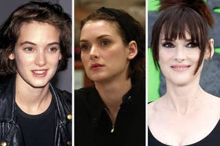 Winona Ryder in three different portraits, showcasing varied hairstyles and outfits from different time periods